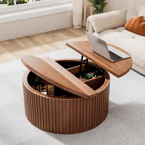 Miniatura 3 de Fsbecl Mesa de Centro de Tapa Elevable Acanalada con Almacenamiento Oculto, Mesa de Centro Redonda de 31.6 Pulgadas para Sala de Estar, Mesas Nogal