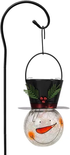 Viveta Linterna solar de muñeco de nieve, faroles solares colgantes de Navidad, farol impermeable de cristal agrietado para exteriores con gancho de