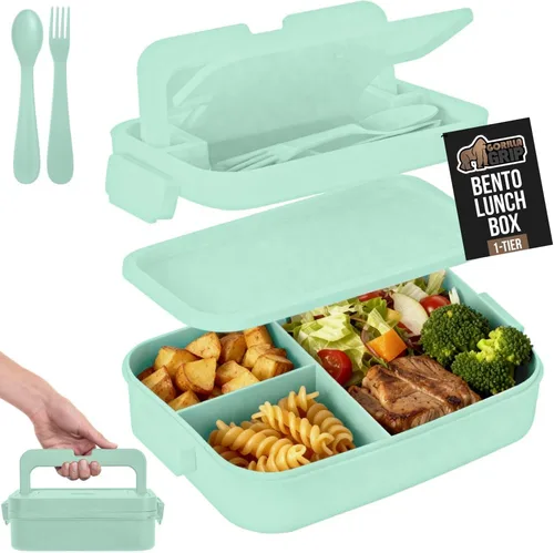 Miniatura 11 de GORILLA GRIP Lonchera Bento a prueba de fugas sin BPA para mujeres, hombres, niños, estilo de 2 niveles, con asa fácil de transportar, apta