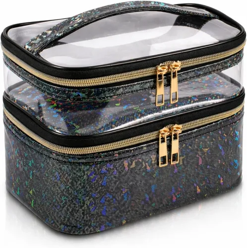 Miniatura 6 de Bolsa de cosméticos de doble capa, bolsa de maquillaje, bolsa de aseo grande, bolsa organizadora de maquillaje de viaje para niñas y mujeres, Negro