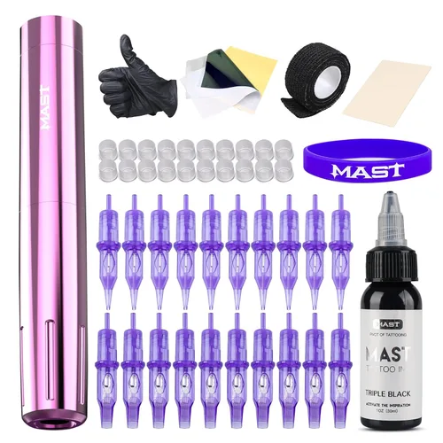 Mast Tattoo Tour Y22 Kit de pistola de tatuaje, kit completo de máquina de tatuaje, 20 cartuchos profesionales, agujas para principiantes