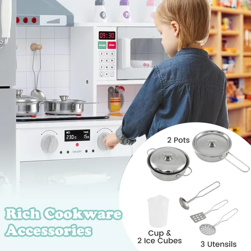 Miniatura 7 de HONEY JOY Juego de cocina para niños, 3 piezas, modular de madera de esquina, juego de cocina, refrigerador/lavadora y fregadero, campana extractora