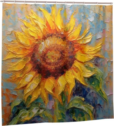 Miniatura 7 de YLATY2395 - Cortina de ducha de girasol para baño, pintura al óleo, hojas verdes, flores, bohemio, tela amarilla abstracta, moderna, impermeable