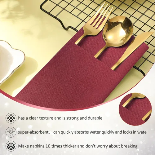 Miniatura 4 de Cindeer 75 piezas de servilletas de lino burdeos para cena con bolsillo plano incorporado, preplegadas, servilletas de papel desechables airlaid