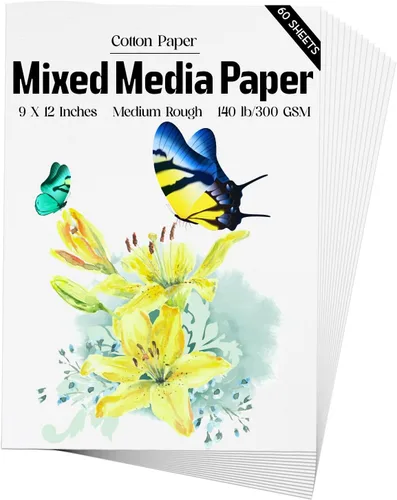 Papel de medios mixtos, 60 hojas, 9 x 12 pulgadas, 140 libras/300 GSM, papel de algodón pesado de textura suave y media para acuarela, gouache,