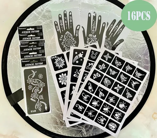 Miniatura 2 de Kit de Plantillas de Tatuajes Temporales de Henna de 16 Hojas, 72 PIEZAS Patrones de Animales y Flores Henna para Pintura Facial Plantillas de Arte