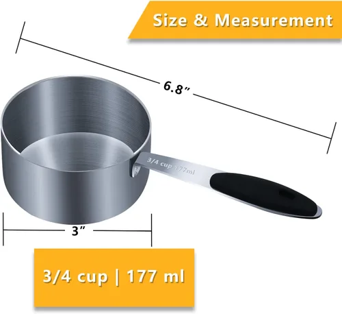 Miniatura 2 de LEIFENY 1 taza medidora individual de 3/4 tazas (6.0 fl oz, 6 onzas) con agarre de silicona negra, cucharada individual de acero inoxidable
