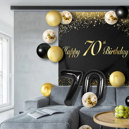 Miniatura 5 de Juego de globos negros de feliz cumpleaños 70 – Decoración de guirnalda temática de fiesta con texto en inglés "Cheers to 70 Years Old Party Theme