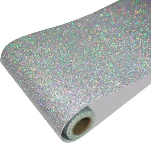 CRE8TIVE Borde de Papel Tapiz Holográfico Plateado con Purpurina Despegar y Pegar Bordes de Pared Adhesivos Papel Tapiz Plateado con Purpurina