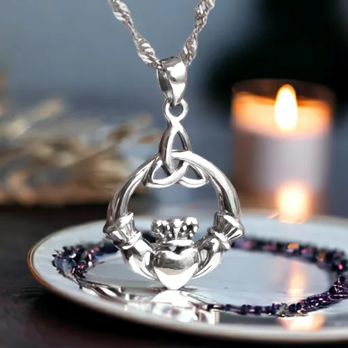 Miniatura 2 de 925 Sterling Silver Irish Claddagh Necklace - Trinity Celtic Knot Pendant with 20" Inch Chain - Hands Holding Heart Crown Charm - Love Celtic