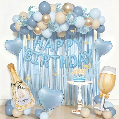Amandir Blue Birthday Decorations for Women, Light Dusty Blue White Sand Metallic Gold Confetti Foil Balloons Happy Birthday Banner Butterfly Fringe