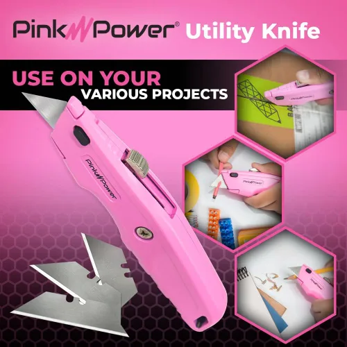 Miniatura 6 de Pink Power Cortador de cajas retráctil, cuchillo de utilidad rosa para alfombra, lindo cuchillo cortador de caja resistente con 3 cuchillas
