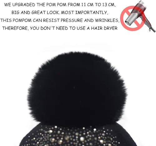 Miniatura 3 de Gorro de invierno para mujer con pompón de piel sintética cálido suave con diamantes de imitación para mujer