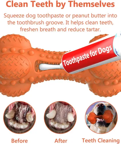 Miniatura 3 de SCHITEC - Juguete masticable para perros con sonido, hueso de goma natural resistente y duradero con cepillo de dientes, indestructible para Naranja