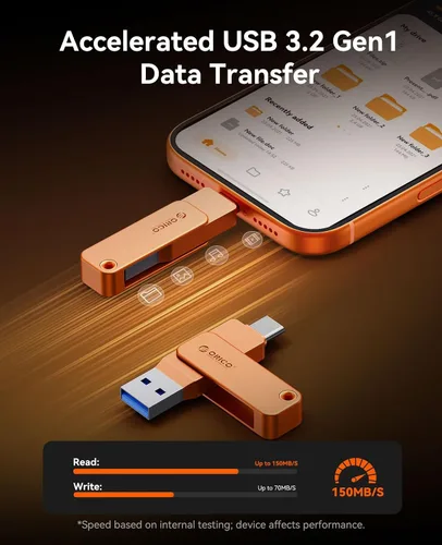 Miniatura 2 de ORICO USB 3.0 Flash Drive 150MB/S Carcasa de metal Diseño giratorio Soporte OTG Función 2 en 1 PenDrive 32GB para dispositivos USB C y USB A -EB05 O