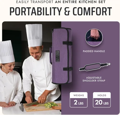 Miniatura 5 de Asaya Bolsa de nailon encerado para cuchillos de chef con 20 ranuras y bolsillos con cremallera, bolsa profesional para cuchillos de chef y estuche