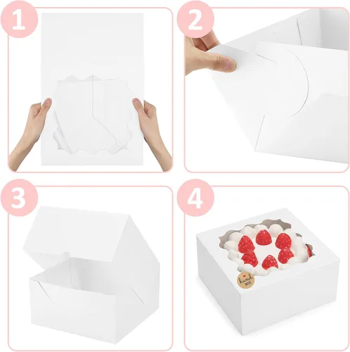 Miniatura 3 de Eupako Cajas para tartas autoemergentes de 10 x 10 x 5 pulgadas con ventana, 24 cajas de panadería blancas de plegado rápido, caja de regalo fácil