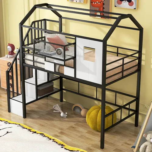 Metal Twin Loft Bed, House Loft Bed with Stairs, House Shaped Stairway Heavy-Duty Steel Bedframe with Roof Design and a Storage Box, No Noise, Easy