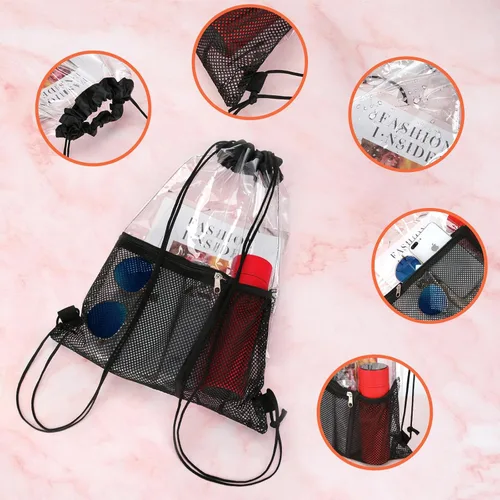 Miniatura 6 de Paquete de 2 bolsas transparentes con cordón aprobadas para estadios, mochila transparente de PVC con cordón, Negro -, Bolso de cordón transparente