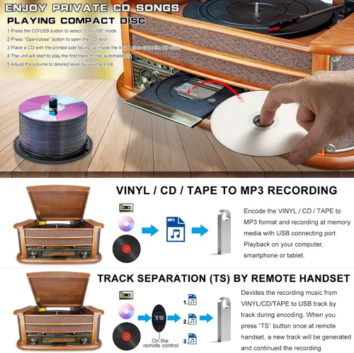 Miniatura 4 de BIGMONAT Tocadiscos todo en uno con altavoces incorporados, reproducción inalámbrica, tocadiscos de 3 velocidades, tocadiscos de vinilo caoba