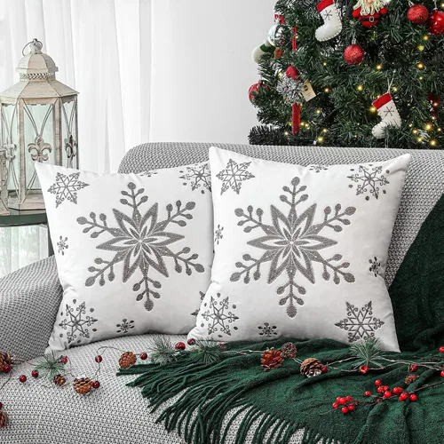 Miniatura 10 de Lewondr Fundas de almohada decorativas de Navidad, bordado de copos de nieve 16x16, fundas de almohada para el hogar, Navidad dorada, decorativas