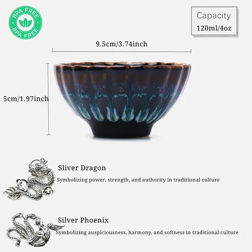 Miniatura 7 de Tenmoku - Juego de 2 tazas de té, taza de té de dragón chino fénix, 4 onzas Kiln Change Glaze, Teaware Jianzhan hecho a mano para oficina en casa