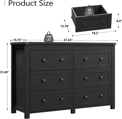 Miniatura 3 de Cómoda para dormitorio con 6 cajones, cómoda de madera de granja, soporte de TV ancho con mango de metal, organizador de ropa moderno para pasillo