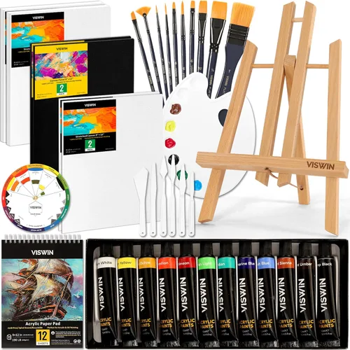 VISWIN Juego de pintura acrílica de 51 piezas con caballete de mesa, kit de pintura con 12 pinturas acrílicas, lienzos, pinceles, paleta, bloc de