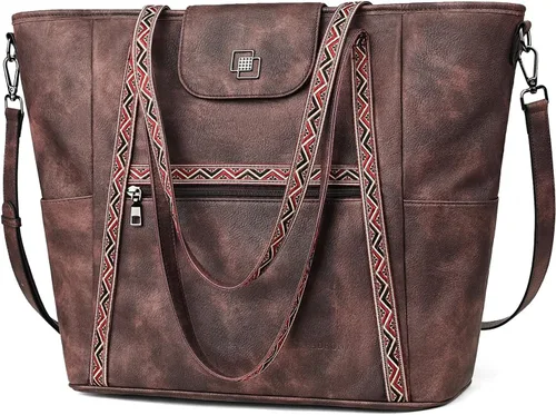 Miniatura 13 de FADEON Bolso Grande para Laptop de Cuero para Mujer, Bolso de Mano de Diseño, Mochila de Viaje a la Moda, Bolso de Hombro 1 estilo retro marrón