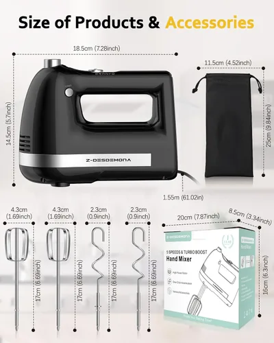 Miniatura 8 de Mezclador de Mano Eléctrico, Mezclador de Mano Potente de 300W Eléctrico de Mano con Batidores 304, Gancho de Masa, Mezclador de Mano con Turbo