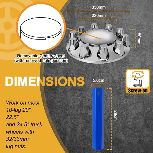 Miniatura 3 de Kit de cubierta de eje delantero de 2 cúpulas cromadas con cubiertas de tuerca de lengüeta de rosca de 32 mm/33 mm con tapas de buje removibles