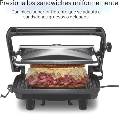 Miniatura 4 de Hamilton Beach Parrilla eléctrica Panini Press con tapa de bloqueo, se abre 180 grados para cualquier grosor de sándwich (25460A) Rejillas Acabado