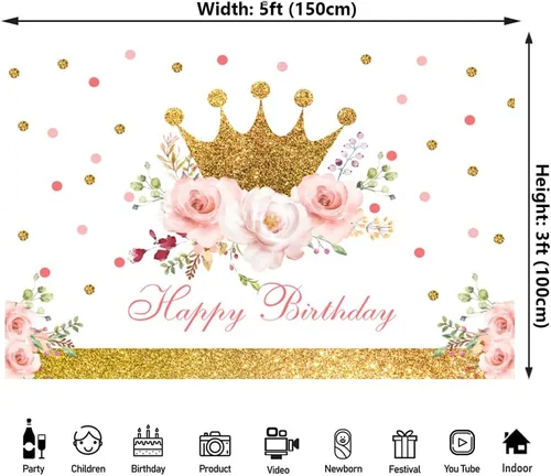 Miniatura 2 de Telón de fondo de feliz cumpleaños de 5 x 3 pies para niñas, corona dorada, fondo de fotografía floral rosa para decoración de fiesta de cumpleaños