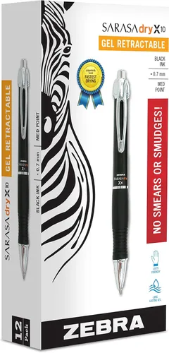Zebra Pen Bolígrafo de gel retráctil X10, punta media, 0.028 in, barril negro, tinta negra sin ácidos, paquete de 12 (el embalaje puede variar)