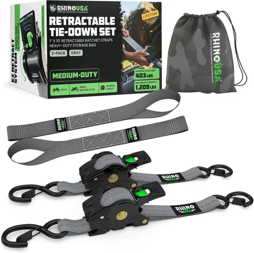 Miniatura 19 de Rhino USA Correas de trinquete retráctiles (paquete de 2) – 1 pulgada x 10 pies (1,209 libras de resistencia a la rotura) – Correas de amarre auto