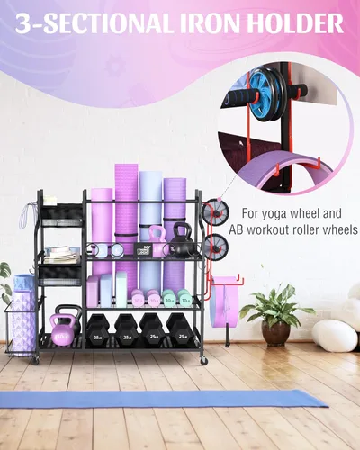 Miniatura 4 de Mythinglogic Soporte de pesas para mancuernas, almacenamiento de gimnasio en casa para esterilla de yoga, pesas rusas y equipo de entrenamiento