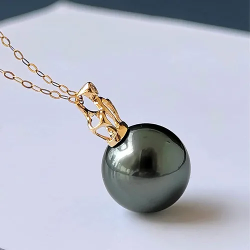 Miniatura 3 de Collar de perlas negras de Tahití para mujer, joyería fina redonda AAAA+ perlas de 0.394 pulgadas (0.394 in), collar con colgante de perlas, regalo