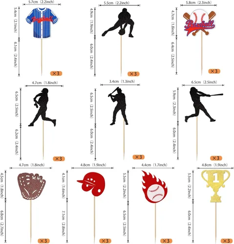 Miniatura 2 de Rsstarxi Paquete de 30 adornos para cupcakes de béisbol con trofeo con purpurina, jugadores de béisbol, pelota deportiva, decoración para temática