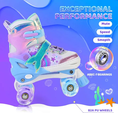 Miniatura 7 de NEMONE - Patines de sirena con ruedas iluminadas y 4 tamaños ajustables para niñas, azul y morado, para niños pequeños, para principiantes, de A