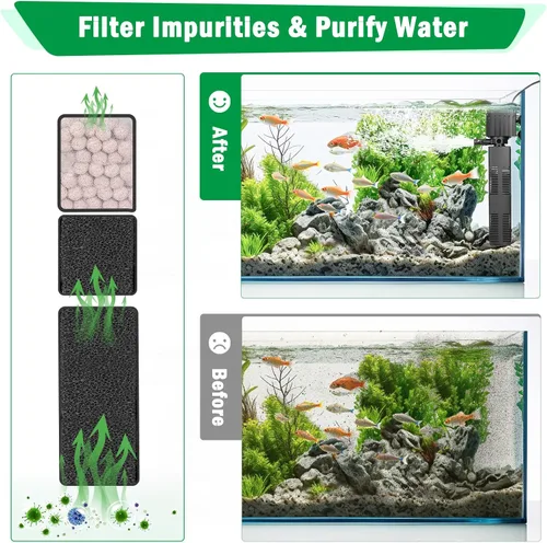 Miniatura 2 de AQQA Filtro de acuario, filtración de 3 etapas, fabricante de ondas ajustables y oxigenador, bomba sumergible silenciosa de 18 W 164 GPH, filtro