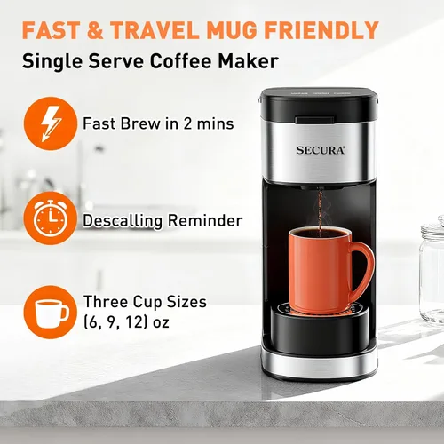Miniatura 4 de Secura Cafetera de una sola porción K Cup y cafetera molida 2 en 1 con 3 modos de preparación, depósito extraíble y bandeja de goteo, tamaños