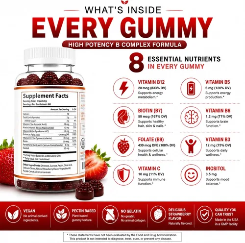 Miniatura 2 de O NUTRITIONS Gomitas veganas de complejo de vitamina B con vitamina B12, B7 como biotina, B6, B3 como niacina, B5, B6, B8, B9 como folato