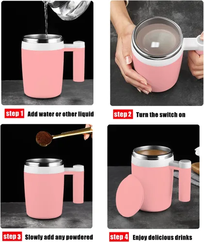 Miniatura 3 de Taza autoagitadora, taza de café magnética recargable con 2 barras de agitación, taza de mezcla automática impermeable para leche, cacao en la Rosa