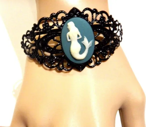 Miniatura 5 de Brazalete de filigrana de sirena de metal negro con diseño de sirena, color verde azulado, color marfil, Metal Metal pintura resina sintética