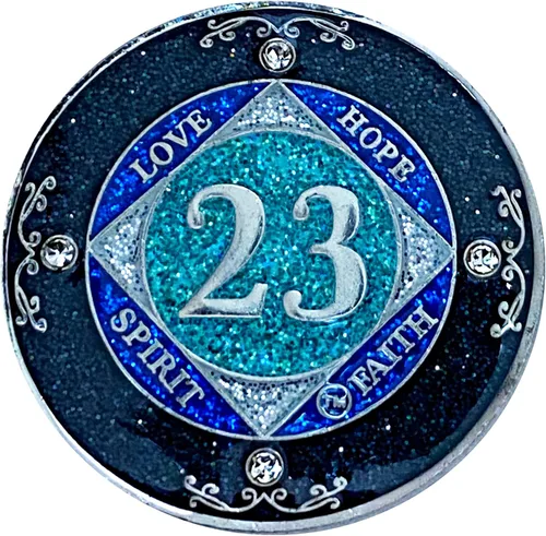 Miniatura 43 de NA 1 año de cristales y medallón de purpurina, moneda chapada en color plateado, arco iris negro, purpurina azul y cuatro cristales transparentes