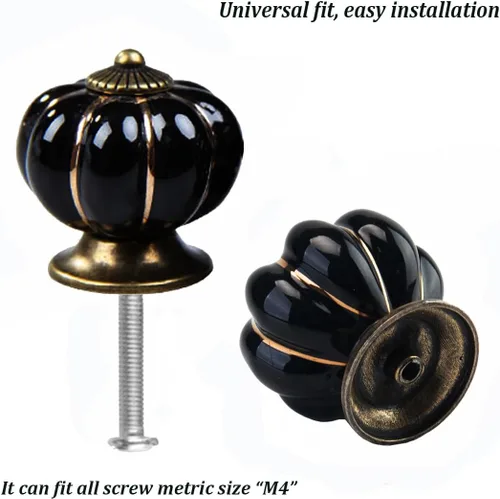 Miniatura 3 de Pomos de cerámica para gabinete, paquete de 4, manijas de puerta de calabaza elegantes y vintage para cocina/cajón/armario/armario (negro, 4 piezas)