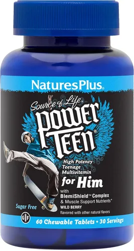 NaturesPlus Power Teen for Him - 60 tabletas masticables, bayas silvestres, multivitamínico adolescente de alta potencia, sin azúcar, vegetariano,