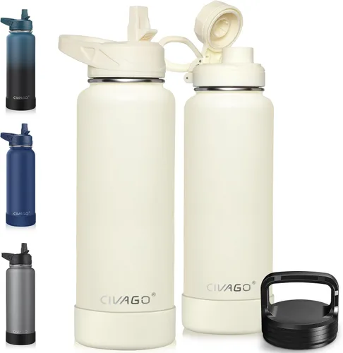 Miniatura 29 de CIVAGO Botella de agua aislada de 22 onzas con pajita, frasco de agua deportiva de acero inoxidable con 3 tapas