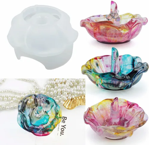 Miniatura 6 de Molde de soporte de anillo de resina, 2 moldes de silicona con forma de rosa para resina, moldes de silicona para almacenamiento de joyas