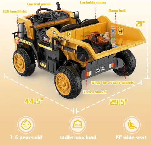 Miniatura 6 de ANPABO Camión volquete para montar, auto con control remoto, cama eléctrica y pala extra, vehículo de construcción con reproductor de música